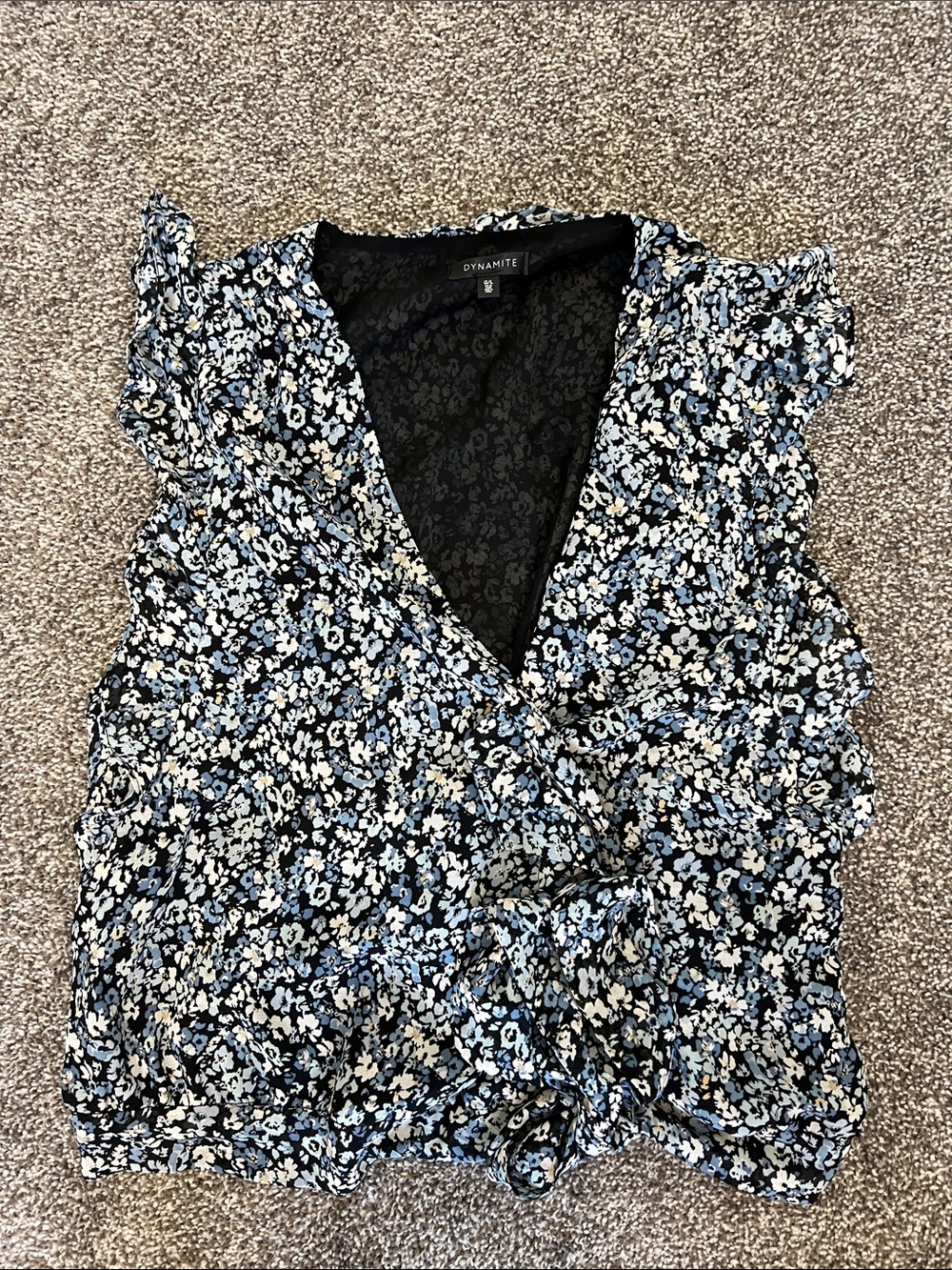 Dynamite Black Floral Wrap Camisole with Blue & White Blossoms